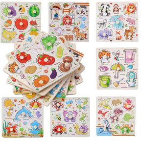 Wooden Puzzles for Toddlers 1-3, 8 Pack Peg Puzzles for Kids with Animals, Dinosaurs, Fruits, Vegetables, Educational Preschool Learning Toys, Birthday Gifts for Boys, Girls in Kuwait