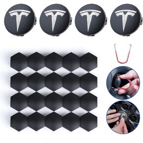 Wheel Center Caps for Tesla Model 3/Y/S/X Latest Version, 4PCS Hub Cap Center Cover Emblem Kit with 20 Lug Nut Covers & Removal Tool, Matte Black Silver Logo, ABS Waterproof Anti-Rust Dustproof Tesla in Saudi Arabia
