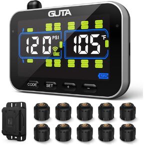 نظام مراقبة ضغط إطارات المقطورة GUTA، مراقب ضغط إطارات RV مع 10 أجهزة استشعار، 6 أوضاع تنبيه، معزز الإشارة، شاشة ملونة كبيرة، مسافة استشعار طويلة، 0-188PSI TPMS لنصف مقطورة RV in Kuwait