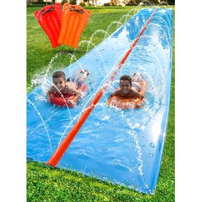 JAMBO 40FT Mega Slip Splash and Slide مع مرش أحمر و2 لوح جسم | لعبة مائية منزلق مائي في الفناء الخلفي للأطفال مع رشاش | حصيرة سبلاش، وسادة، لعبة صيفية مزدوجة المسار in Kuwait