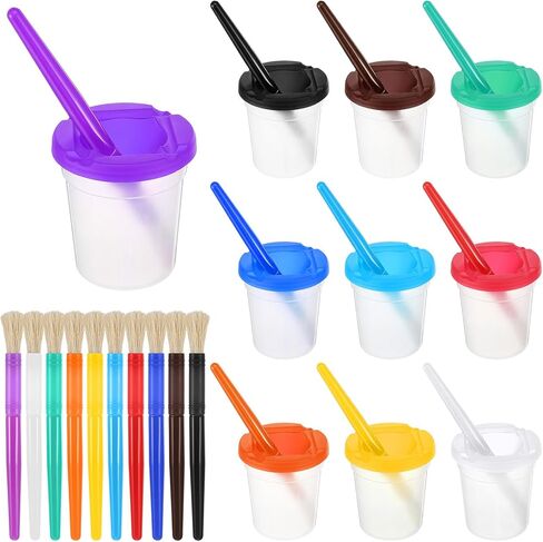 Ckhoid 20Pcs No Spill Paint Cups with Lids, Paint Cups and 20 Matching Colored Painting Brushes Set, Painting Brush Cup Art Supplies for Watercolor, Tempera, Washable, Acrylic, Crafts in Kuwait