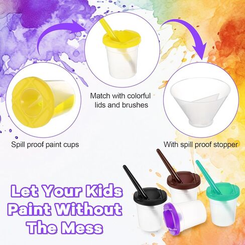 Ckhoid 20Pcs No Spill Paint Cups with Lids, Paint Cups and 20 Matching Colored Painting Brushes Set, Painting Brush Cup Art Supplies for Watercolor, Tempera, Washable, Acrylic, Crafts in Kuwait