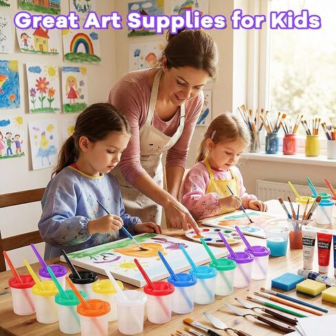 Ckhoid 20Pcs No Spill Paint Cups with Lids, Paint Cups and 20 Matching Colored Painting Brushes Set, Painting Brush Cup Art Supplies for Watercolor, Tempera, Washable, Acrylic, Crafts in Kuwait