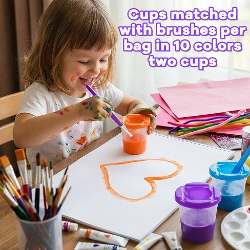 Ckhoid 20Pcs No Spill Paint Cups with Lids, Paint Cups and 20 Matching Colored Painting Brushes Set, Painting Brush Cup Art Supplies for Watercolor, Tempera, Washable, Acrylic, Crafts in Kuwait