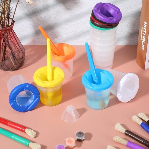 Ckhoid 20Pcs No Spill Paint Cups with Lids, Paint Cups and 20 Matching Colored Painting Brushes Set, Painting Brush Cup Art Supplies for Watercolor, Tempera, Washable, Acrylic, Crafts in Kuwait