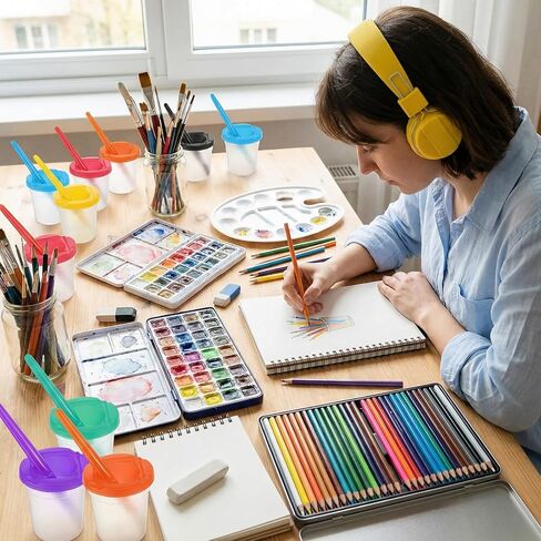 Ckhoid 20Pcs No Spill Paint Cups with Lids, Paint Cups and 20 Matching Colored Painting Brushes Set, Painting Brush Cup Art Supplies for Watercolor, Tempera, Washable, Acrylic, Crafts in Kuwait
