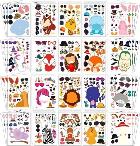 50 PCS Make-a-face Sticker Sheets, 3D Cute Animals Stickers, Kids DIY Party Theme Sets, 10 Styles Waterproof Kids Stickers for Party Favor Supplies or School Craft Kids Gift. in Saudi Arabia