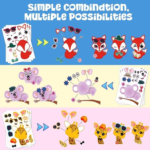 50 PCS Make-a-face Sticker Sheets, 3D Cute Animals Stickers, Kids DIY Party Theme Sets, 10 Styles Waterproof Kids Stickers for Party Favor Supplies or School Craft Kids Gift. in Saudi Arabia