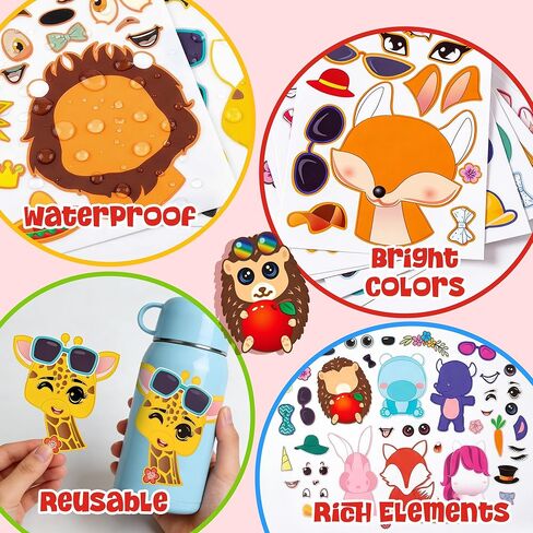 50 PCS Make-a-face Sticker Sheets, 3D Cute Animals Stickers, Kids DIY Party Theme Sets, 10 Styles Waterproof Kids Stickers for Party Favor Supplies or School Craft Kids Gift. in Saudi Arabia