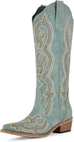 Cowboy Boots For Women Knee High Western Cowgirl Boots Snip Toe Side Zipper Chunky Heel in Saudi Arabia