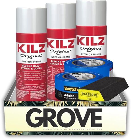 3x KILZ Spray Primer Paint أصلي أبيض مسطح أساسه زيتي / حزمة 13 أونصة مع 3x إسفنجة صنفرة ديابلو - تركيبة ممتازة لحجب البقع والختم والصنفرة - مجموعة هدايا (6 عناصر) in Saudi Arabia
