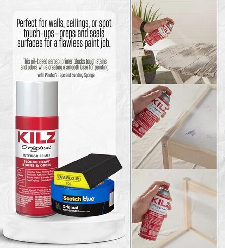 3x KILZ Spray Primer Paint أصلي أبيض مسطح أساسه زيتي / حزمة 13 أونصة مع 3x إسفنجة صنفرة ديابلو - تركيبة ممتازة لحجب البقع والختم والصنفرة - مجموعة هدايا (6 عناصر) in Saudi Arabia