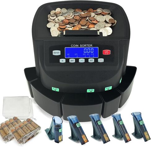 Professional USD Coin Counter and Sorter with LCD Display,Coin Sorter Machine for USD Coin 1￠5￠10￠25￠$1, 2000-coin Capacity,300 Coins/min,Automatic Change Counter,5 Bins,5 Tubes (+96 Wrappers+Cover) in Kuwait