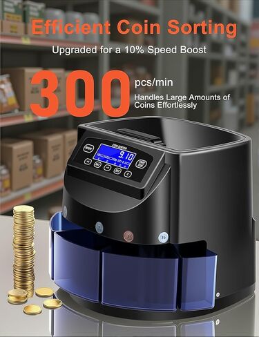 عداد العملات المعدنية وفرز العملات المعدنية مع شاشة LCD، سعة 300 عملة معدنية، يدعم أنواع العملات المتعددة، مجهز بآلة فرز وتغليف لفرز سريع ودقيق (عداد العملات المعدنية) in Saudi Arabia