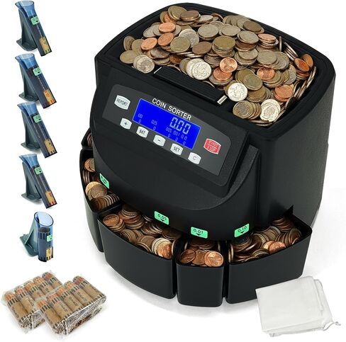 USD Coin Counter Machine with LCD Display,Coin Sorter and Wrapper Machine,Sorts 1￠5￠10￠25￠$1 up to 300 Coins/min,2000-coin Capacity,Business Grade,5 Bins&5 Tubes,Automatic Wrapper in Kuwait