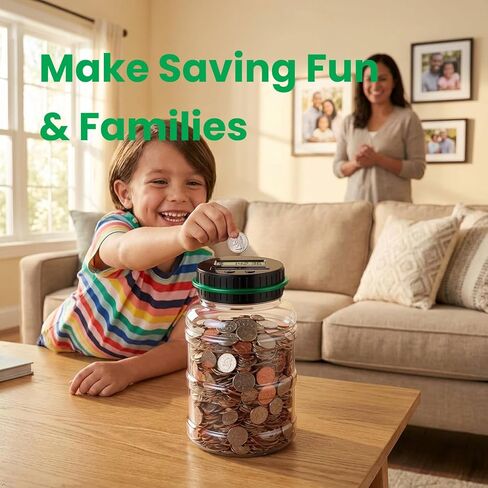 Accurate Digital Coin Counting Jar for Home & Office, 1.8L Clear ABS Coin Bank with LCD Display, Smooth Coin Slot, Perfect for Daily Change Collection and Easy Money Organization in Kuwait