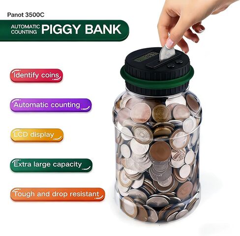 Accurate Digital Coin Counting Jar for Home & Office, 1.8L Clear ABS Coin Bank with LCD Display, Smooth Coin Slot, Perfect for Daily Change Collection and Easy Money Organization in Kuwait