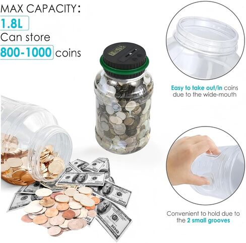 Accurate Digital Coin Counting Jar for Home & Office, 1.8L Clear ABS Coin Bank with LCD Display, Smooth Coin Slot, Perfect for Daily Change Collection and Easy Money Organization in Kuwait