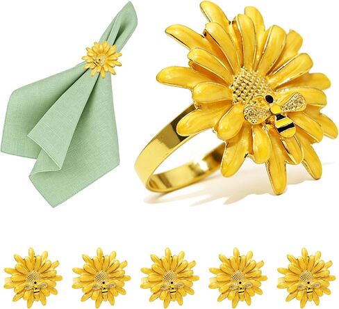 Davfina Napkin Rings Set of 6, Daisy Flower Napkin Rings Cute Bee Napkin Buckles Holder Rings for Wedding Party Holiday Banquet Delicate Serviette Buckles Decor (Yellow) in Saudi Arabia