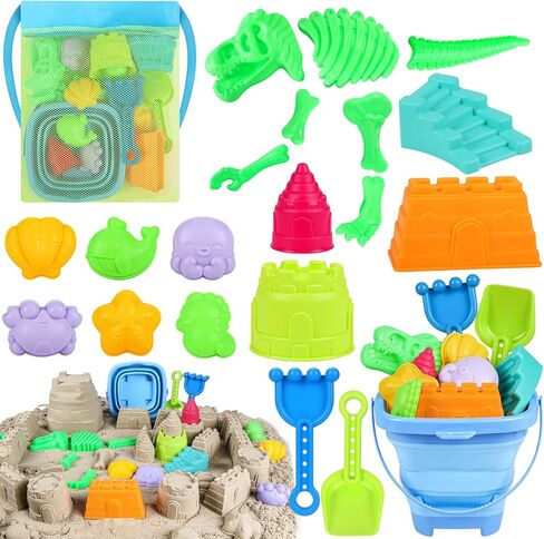 ERHAICAT Beach Toys, Dinosaur Sand Toys for Kids Toddlers with Collapsible Bucket, Sand Castle Building Kit, Mesh Storage Bag & Shovel Rake, Travel Summer Toys for Boys Girls Ages 3-10 in Saudi Arabia