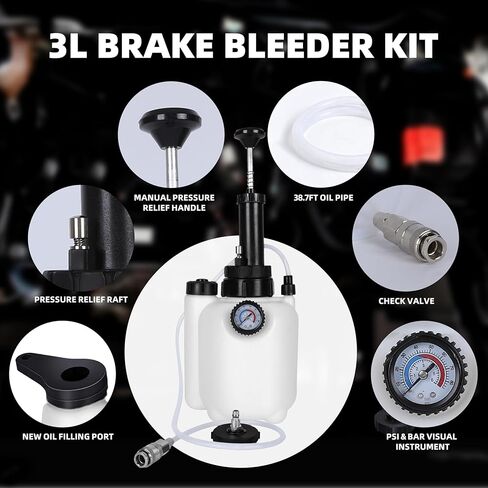 3L Brake Bleeder Kit,Brake Bleeder Vacuum Pump Kit,Brake Fluid Bleeder Kit with 1L Brake Bleeder Bottle and 4 Master Cylinder Adapters,Brake Bleeding Kit Suitable for Most Vehicles (White) in Kuwait