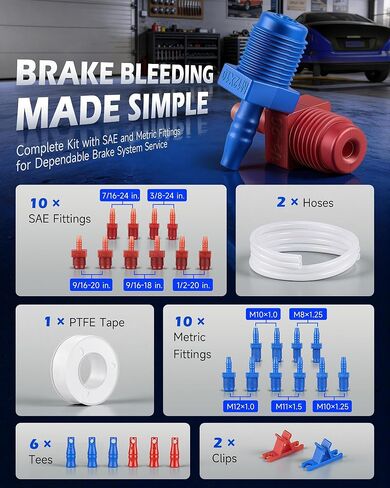 Orion Motor Tech Master Cylinder Bleeder Kit Compatible with 14151, 31pc Complete Brake Bleeder Tool Kit with SAE & Metric Fittings, 22 in Clear Hose, Clips and PTFE Tape, Universal Fit in Kuwait