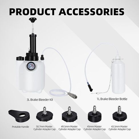 3L Brake Bleeder Kit,Brake Bleeder Vacuum Pump Kit,Brake Fluid Bleeder Kit with 1L Brake Bleeder Bottle and 4 Master Cylinder Adapters,Brake Bleeding Kit Suitable for Most Vehicles (White) in Kuwait