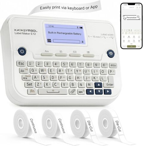 SUPVAN E12 Bluetooth Label Maker Machine with 4 Tapes, Support Keyboard & App with 30+ Fonts and 660+ Icons, Rechargeable Inkless Labeler for Office, Home, Kitchen, School, Organization, White in Kuwait