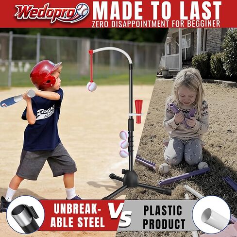Wedopro Steel Baseball Batting Tee for Kids 3-12 - Beginner Training T-Ball Set for Toddlers Outdoor & Backyard - Adjustable Height 25"-40" - 3X Stability Hitting - Birthday Gifts for Boys Girls in Kuwait