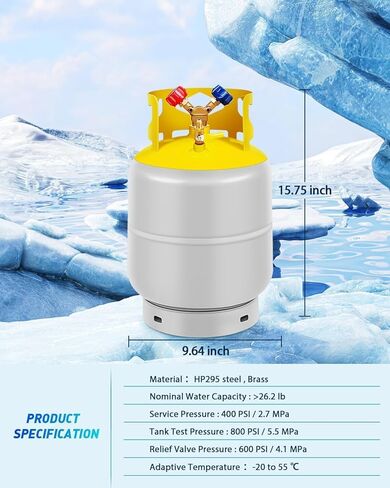 FAHKNS 30 LB Refrigerant Recovery Tank for R12, R22, R134A, R410A Reusable Recovery Cylinder Tank 1/4 SAE Y-Valve Recovery Can Without Float Switch for Tank AC Freon Recovery Tank Cylinder Tank in Kuwait
