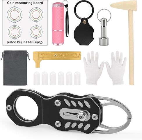 Silver Coin Tester Kit, Pocket Coin Testing Include Coin Pliers, Hammer, Magnifying Glass, Magnet Keychain, Silicone Cap, Measuring Board, Double-Scale Caliper, Flashlight, Gloves, Storage Bag in Kuwait