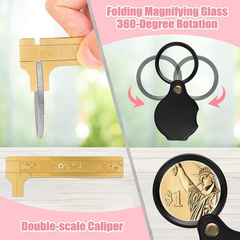 Silver Coin Tester Kit, Pocket Coin Testing Include Coin Pliers, Hammer, Magnifying Glass, Magnet Keychain, Silicone Cap, Measuring Board, Double-Scale Caliper, Flashlight, Gloves, Storage Bag in Kuwait
