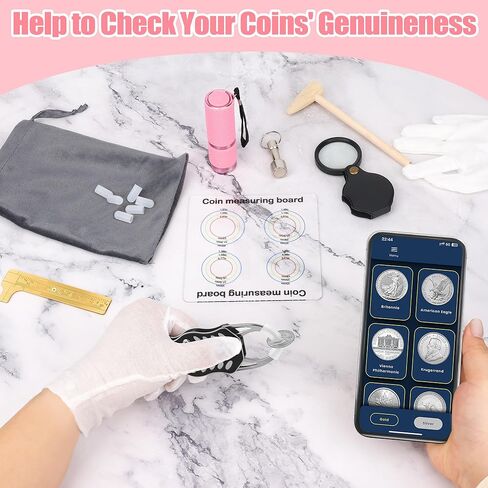 Silver Coin Tester Kit, Pocket Coin Testing Include Coin Pliers, Hammer, Magnifying Glass, Magnet Keychain, Silicone Cap, Measuring Board, Double-Scale Caliper, Flashlight, Gloves, Storage Bag in Kuwait