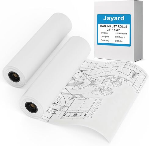 ورق Jayard واسع التنسيق - راسمة مقاس 24 بوصة × 150 بوصة، 2 لفات CAD سندات، 20 رطلًا، ورق على قلب 2 بوصة لطباعة CAD على طابعات نفث الحبر ذات التنسيقات العريضة، للمهندسين والمهندسين المعماريين in Kuwait
