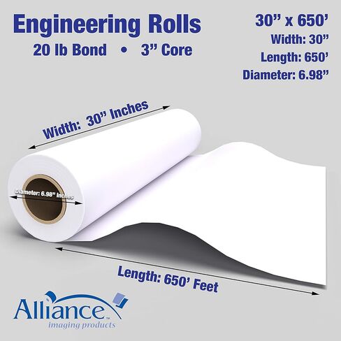 Alliance Wide Format Paper 30" x 650’ Rolls Bond Engineering 92 Bright 20lb - 2 Rolls Per Carton with 3" Core in Kuwait