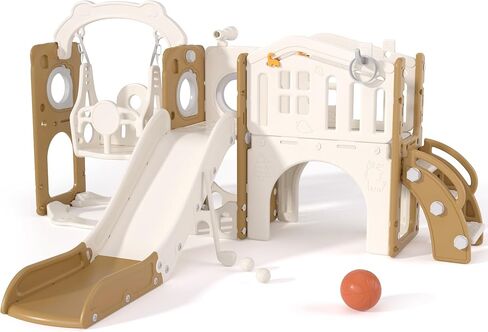 67i 11-in-1 Toddler Slide and Swing Set for Ages 1-3, Toddlers Outdoor Playset with Tunnel, Climber, Aisle, Dinosaur Maze, Hide & Seek, Telescope, Ring Toss, Golf & Basketball (Blue Gray, 11-in-1) in Kuwait