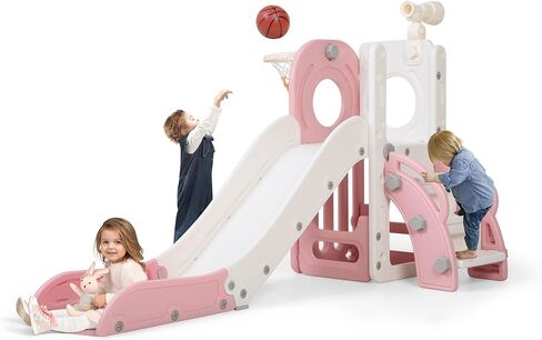 NYEEKOY Indoor Toddler Slide,6 in 1 Slides for Toddlers 1-3, Freestanding Kids Slide with Basketball Hoop, Telescope, Storage,Outdoor Playground for Backyards,Pink in Kuwait