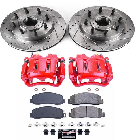 طقم فرامل أمامية وخلفية PowerStop لسيارة شيفروليه سيلفرادو 1500 HD 2003 | سوبربان 2500 2003-05 - وسادات فرامل سيراميك من ألياف الكربون + دوارات محفورة ومشقوقة + ماسكات مطلية بمسحوق أحمر، KC4426 in Kuwait