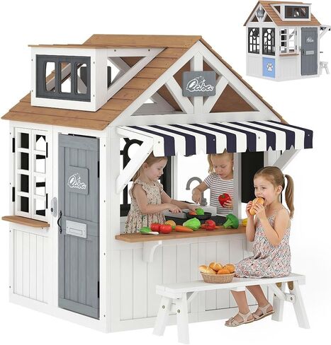 Qaba Outdoor Playhouse, Wooden Kids Playhouse with Dog Door, Kids Cottage with Cookware, Blackboard, Bench, Doorbell for Backyard Garden, Indoor Playroom Imaginative Play for Ages 2+, White in Kuwait