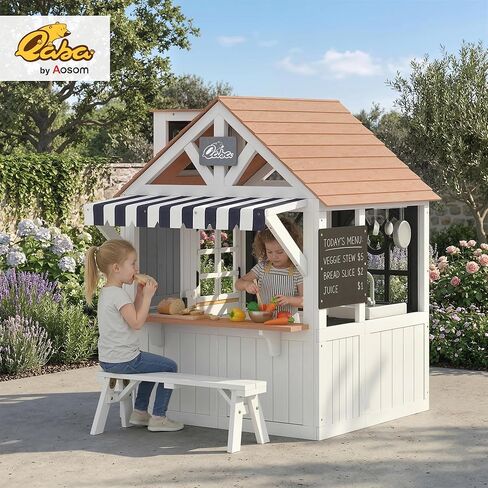 Qaba Outdoor Playhouse, Wooden Kids Playhouse with Dog Door, Kids Cottage with Cookware, Blackboard, Bench, Doorbell for Backyard Garden, Indoor Playroom Imaginative Play for Ages 2+, White in Kuwait