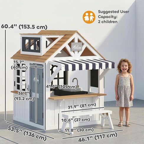 Qaba Outdoor Playhouse, Wooden Kids Playhouse with Dog Door, Kids Cottage with Cookware, Blackboard, Bench, Doorbell for Backyard Garden, Indoor Playroom Imaginative Play for Ages 2+, White in Kuwait