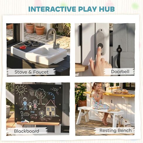 Qaba Outdoor Playhouse, Wooden Kids Playhouse with Dog Door, Kids Cottage with Cookware, Blackboard, Bench, Doorbell for Backyard Garden, Indoor Playroom Imaginative Play for Ages 2+, White in Kuwait