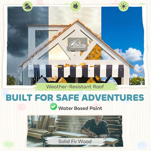 Qaba Outdoor Playhouse, Wooden Kids Playhouse with Dog Door, Kids Cottage with Cookware, Blackboard, Bench, Doorbell for Backyard Garden, Indoor Playroom Imaginative Play for Ages 2+, White in Kuwait