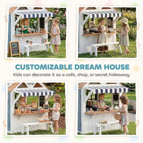 Qaba Outdoor Playhouse, Wooden Kids Playhouse with Dog Door, Kids Cottage with Cookware, Blackboard, Bench, Doorbell for Backyard Garden, Indoor Playroom Imaginative Play for Ages 2+, White in Kuwait