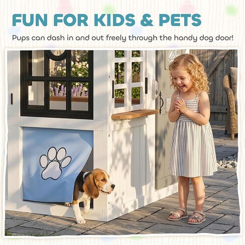 Qaba Outdoor Playhouse, Wooden Kids Playhouse with Dog Door, Kids Cottage with Cookware, Blackboard, Bench, Doorbell for Backyard Garden, Indoor Playroom Imaginative Play for Ages 2+, White in Kuwait