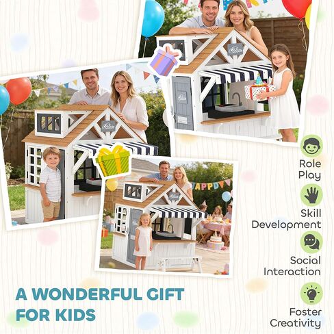 Qaba Outdoor Playhouse, Wooden Kids Playhouse with Dog Door, Kids Cottage with Cookware, Blackboard, Bench, Doorbell for Backyard Garden, Indoor Playroom Imaginative Play for Ages 2+, White in Kuwait
