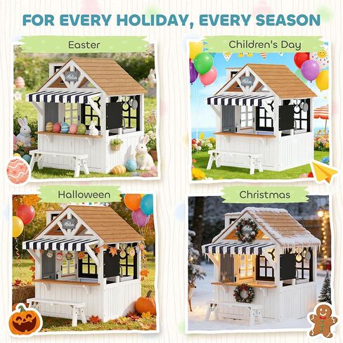 Qaba Outdoor Playhouse, Wooden Kids Playhouse with Dog Door, Kids Cottage with Cookware, Blackboard, Bench, Doorbell for Backyard Garden, Indoor Playroom Imaginative Play for Ages 2+, White in Kuwait
