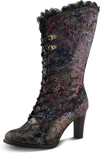 L'Artiste FORUTALUV Women's Embroidered Suede Lace-Up Boot – Baroque Velvet Mid-Shaft with Stacked Heel in Saudi Arabia