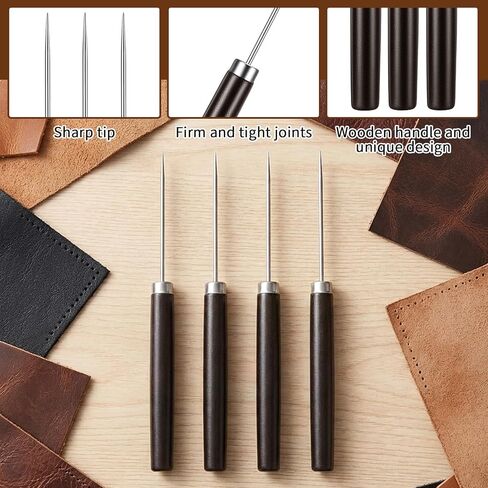 4 Pcs Leather Sewing Awl Tool, Scratch Awl Tool with Wooden Handle for Punching, Stitching & Marking, Heavy Duty Leather Awls for Shoe Repair & DIY Craft in Kuwait
