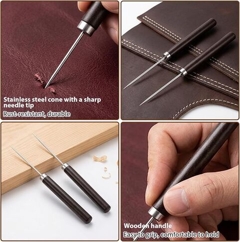 4 Pcs Leather Sewing Awl Tool, Scratch Awl Tool with Wooden Handle for Punching, Stitching & Marking, Heavy Duty Leather Awls for Shoe Repair & DIY Craft in Kuwait